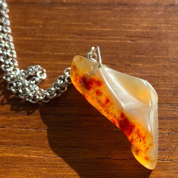 Unique Tan Rust Semi-Polished Glass Amber Pendant 24 in Stainless Steel Chain - Picture 6 of 6
